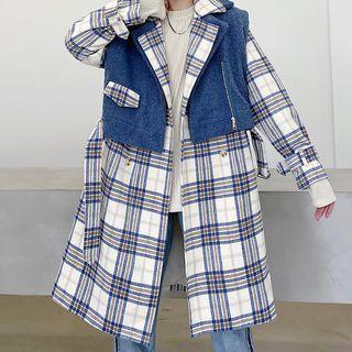 Set: Plaid Double-breasted Midi Coat + Cropped Fleece Vest