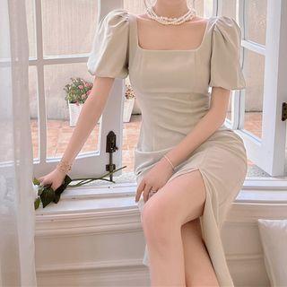 Puff-sleeve Square Neck Lace Up Sheath Dress