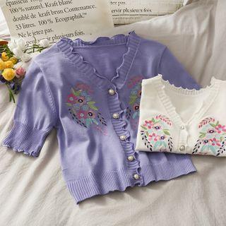 Embroidered Ruffled-trim Knit Top
