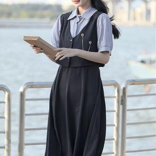 Short-sleeve Collar Mock Two-piece Smock Dress