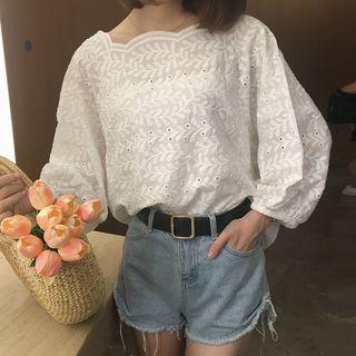 Scallop Trim Embroidered 3/4-sleeve Top