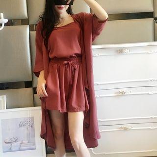 Set: Plain Long Light Jacket + Camisole Top + Wide Leg Shorts