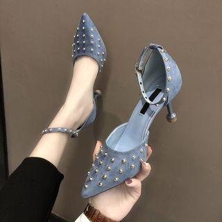 Pointy-toe Studded Ankle Strap Kitten Heel Dorsay Pumps