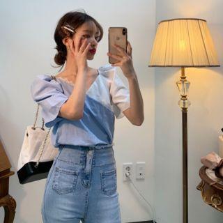 Color Block Lace Trim Short-sleeve Blouse
