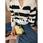 Collared V-neck Stripe Knit Crop Top One Size