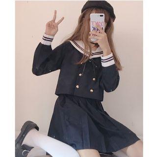 Sailor Collar Long-sleeve Top / High Waist Pleated Skirt