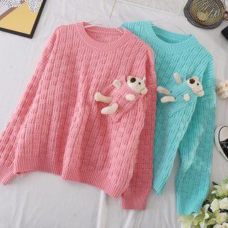 Round-neck Pocket Bear Knit Top