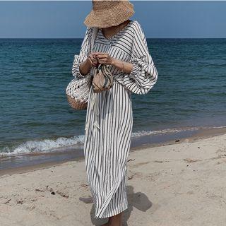 Long-sleeve Striped A-line Midi Dress Stripe - White - One Size