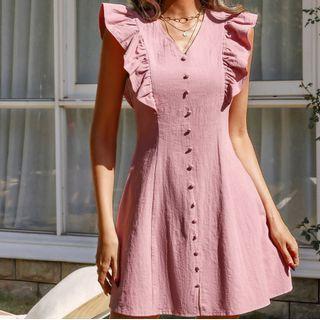 V-neck Ruffled Plain A-line Dress