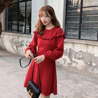 Ruffle Trim Mini A-line Knit Dress