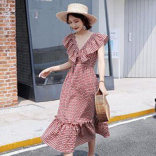 Check Ruffled Midi Dress
