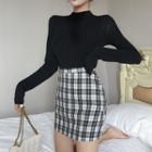 Mock Turtleneck Long-sleeve Top / Mini Plaid A-line Skirt