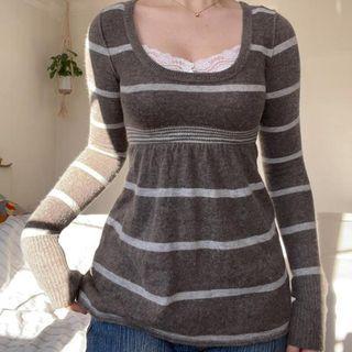 Long Sleeve Square-neck Striped Loose-fit Sweater