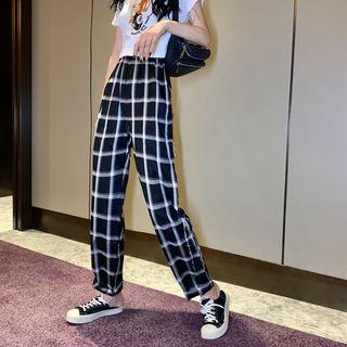 Short-sleeve Cartoon Printed T-shirt / Plaid Harem Pants