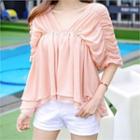 V-neck Elbow-sleeve Shirred A-line Top
