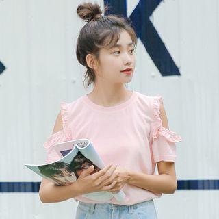 Short-sleeve Cold Shoulder Frill Trim T-shirt