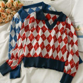 Argyle Knit Polo Top
