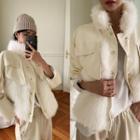 High-neck Faux Fur-panel Pleather Jacket Cream - One Size