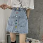 High-waist Contrast Button Denim Mini A-line Skirt