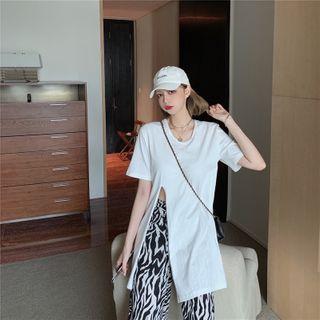 Short-sleeve Slit T-shirt / Zebra Print Wide-leg Pants