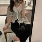 Lace Collar Striped Ice Silk Top Stripes - Black & White - One Size