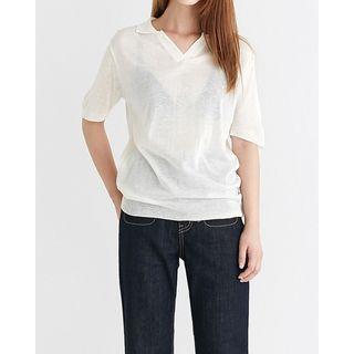 Collared Open-placket Knit Top