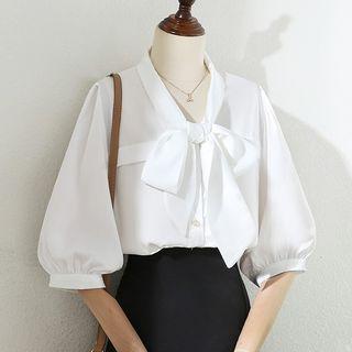 Puff-sleeve Ribbon Tie-neck Chiffon Blouse