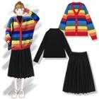 Plain Long-sleeve T-shirt / Striped Cardigan / Sweater / Midi A-line Skirt