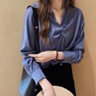 Long-sleeve Twisted-front Plain Shirt