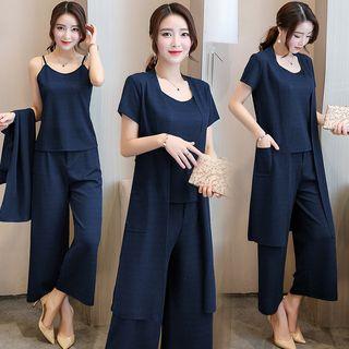 Set: Camisole Top + Wide Leg Pants + Short-sleeve Light Jacket