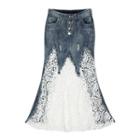 Lace Panel Midi Denim A-line Skirt
