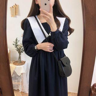 Crochet Trim Collared Midi A-line Dress