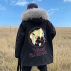Earth Print Furry Hooded Zip Jacket
