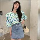Elbow-sleeve Wide-collar Floral Print Blouse Green - One Size