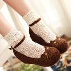 Cat Embroidered Ankle Strap Wedge Shoes