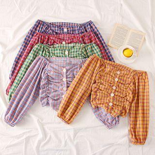 Boatneck Ruched Plaid Blouse