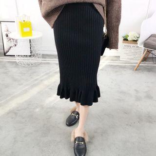 Ruffle Trim Midi Knit Skirt