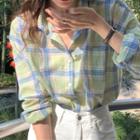 Long-sleeve Plaid Shirt Plaid - Blue & Green - One Size