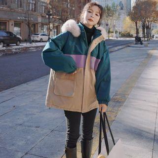 Faux Fur Trim Hooded Color Block Parka