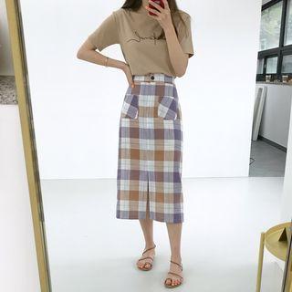 Linen Blend Midi Plaid Skirt