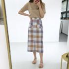 Linen Blend Midi Plaid Skirt