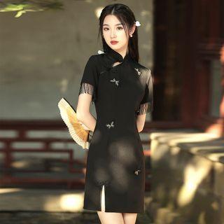 Short-sleeve Fringed Mini Qipao