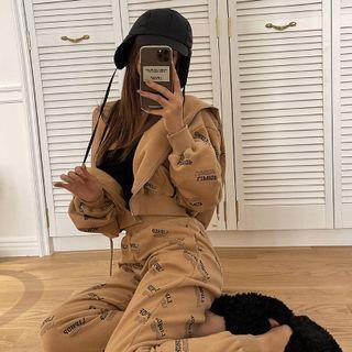 Couple Cropped Logo-pattern Zip-up Hoodie