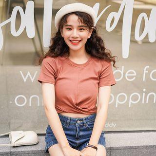 Plain Short-sleeve T-shirt Dark Khaki - One Size