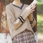 Cable Knit V-neck Sweater Khaki - One Size