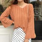 Long-sleeve Flared Cuff Ribbed Knit Top