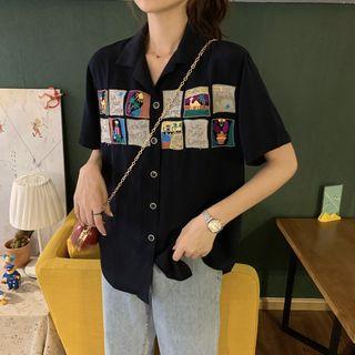 Embroidered Short-sleeve Button-down Casual Shirt Navy Blue - One Size