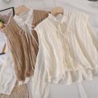 Set Of 2 : Pointelle-knit Sleeveless Cardigan + Ruffle Long-sleeve Shirt