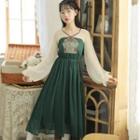 Tie-waist Tasseled Embroidered Midi Dress