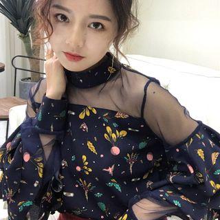 Print Mesh Panel Long-sleeve Chiffon Top